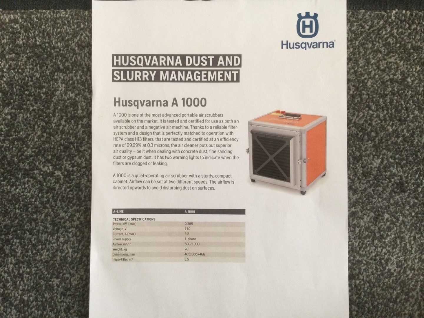HUSQVARNA A-1000 PORTABLE DUST & SLURRY AIR MACHINE AND ARMORGARD DUCTING KIT
